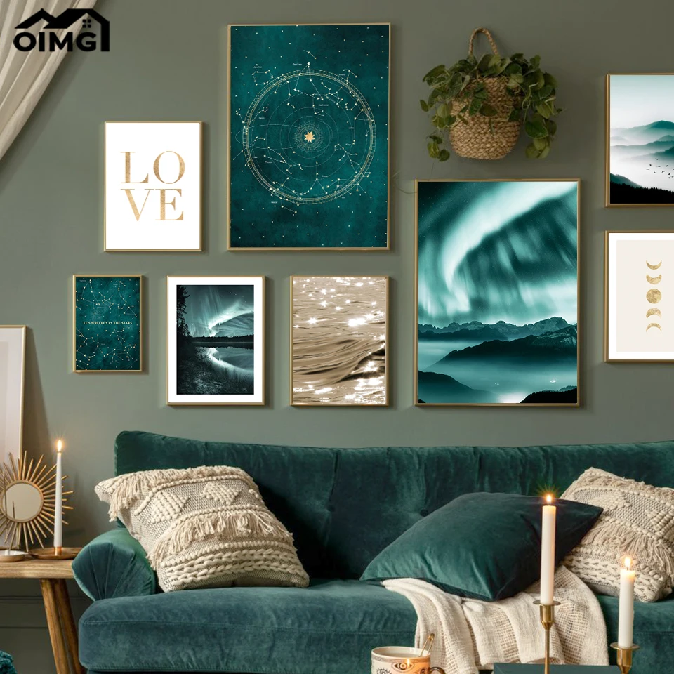 

Zodiac Sign Map Astrology Star Constellations Poster Northern Lights Canvas Prints Golden Love Sea Painting Picture Home Decor