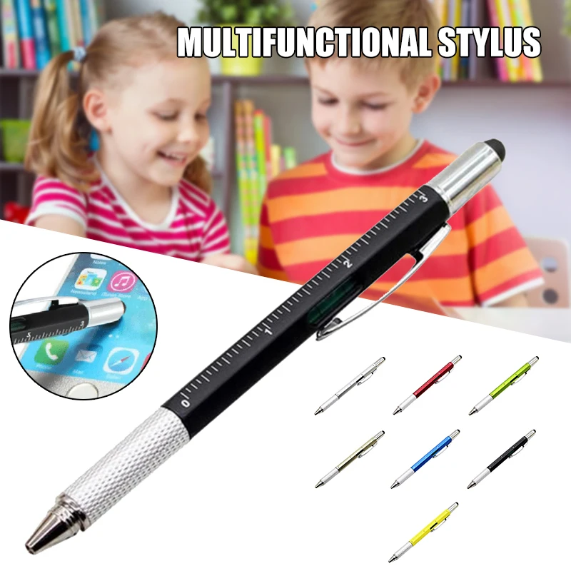 

6 in 1 Multi-functional Stylus Pen with Black/Blue Refill Tool Tech Ballpoint Pen with Clip Smooth Writing ASD88