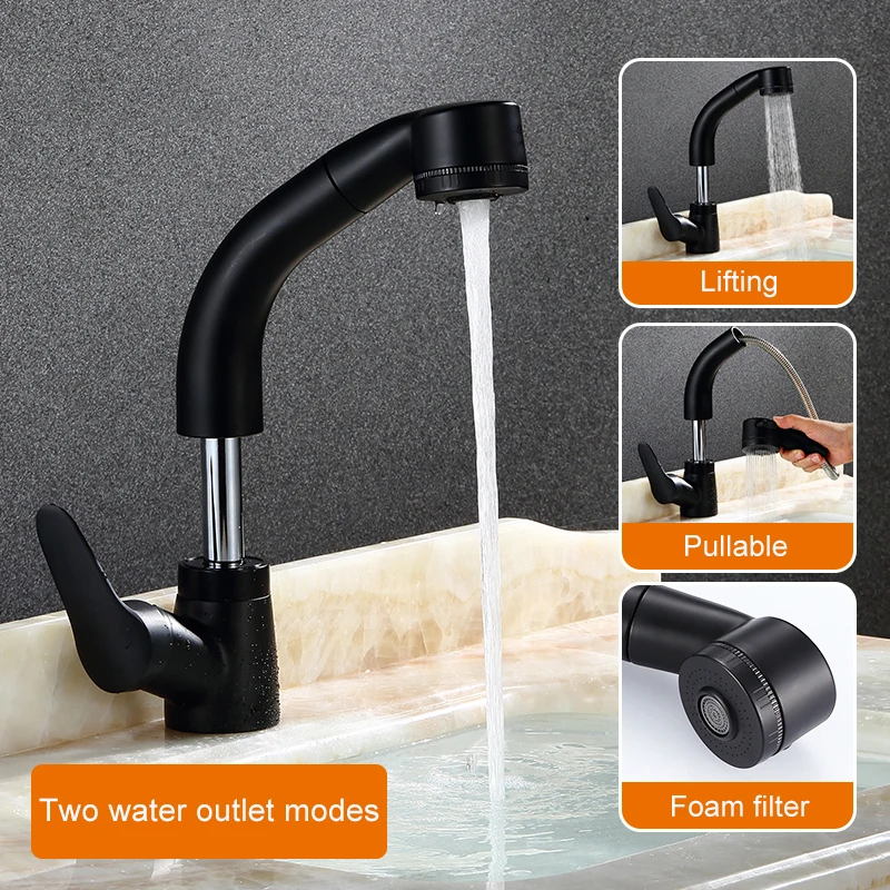 

Смеситель для раковины в ванной комнате, кран для раковины в отеле, смеситель для воды на 360 градусов, выдвижной смеситель для горячей и холо...