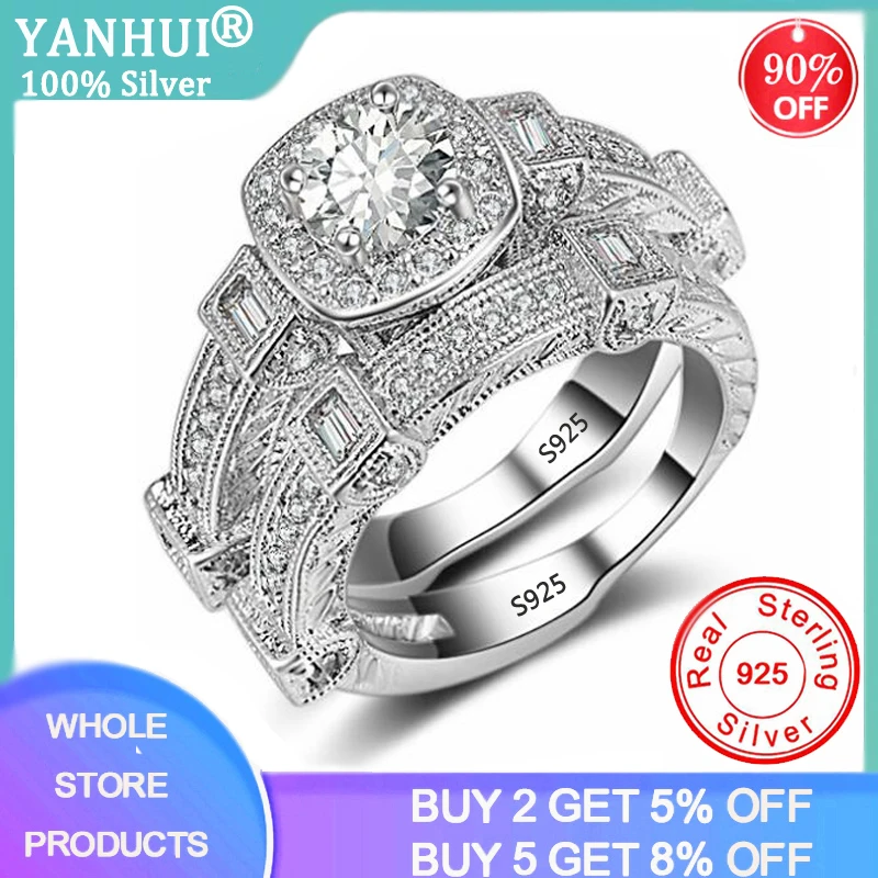 

YANHUI 2020 new luxury princess Solid 925 sterling silver wedding ring set africa bridal for women lady anniversary gift jewelry