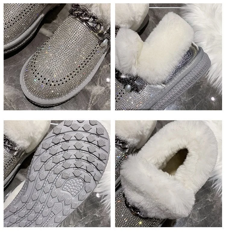 

Furry Women Shoes Rhinestone Snow Boots Women Luxury Shoes Fashion Chain Bling Female Flat Shoes Winter Warm Plush Ankle Boots