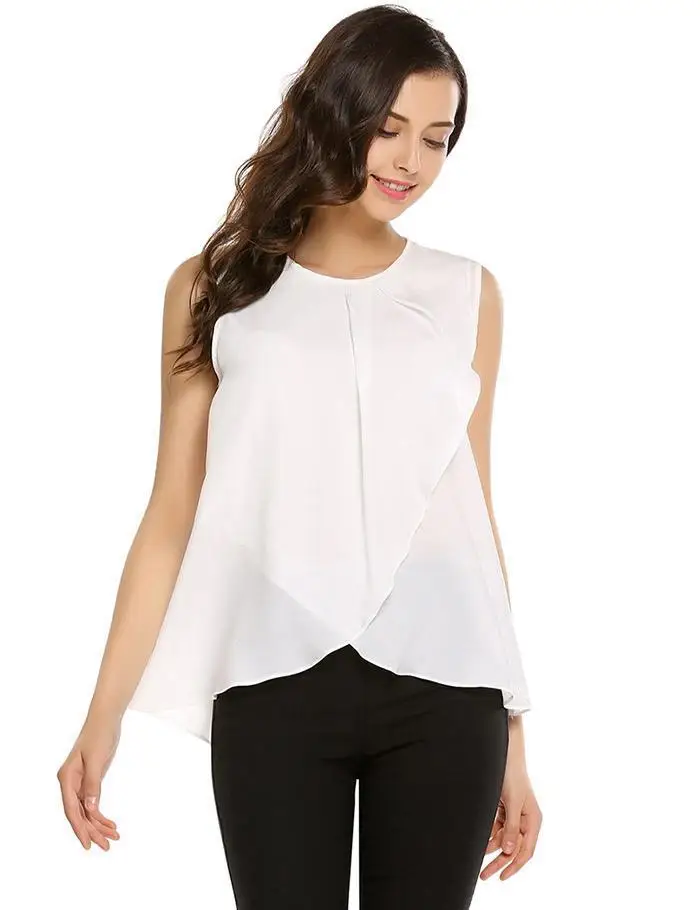 Женская Асимметричная шифоновая блузка без рукавов с круглым вырезом| |