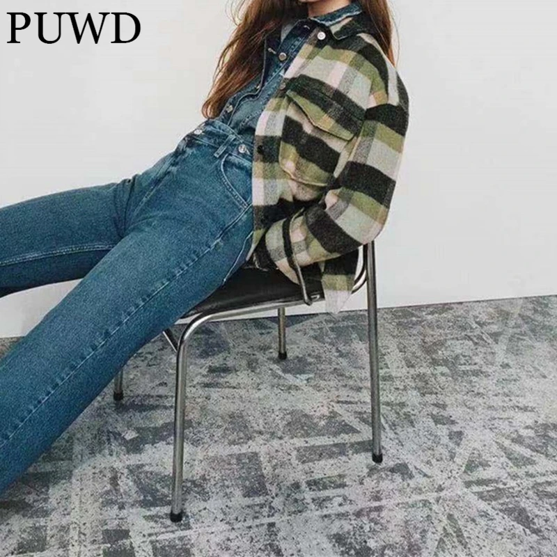 

PUWD Vintage Women Pockets Plaid Oversize Jackets 2021 Autumn Fashion Ladies Loose Long Sleeve Button Shirt Female Chic Outwear