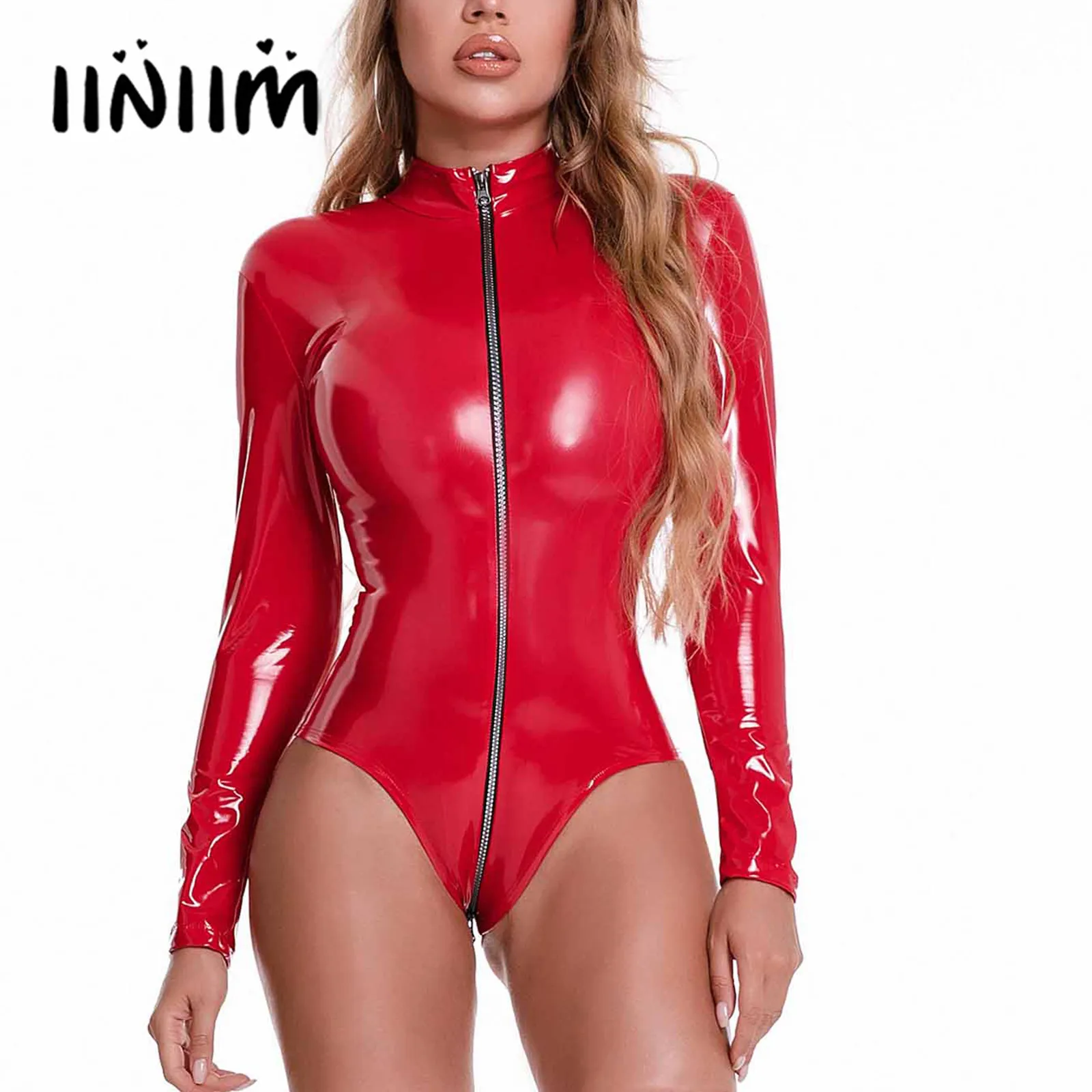 

Womens Hot Wet Look Patent Leather Rave Outfit for Pole Dancing Mock Neck Glossy Long Sleeve Bodysuit Zipper Catsuit Clubwear