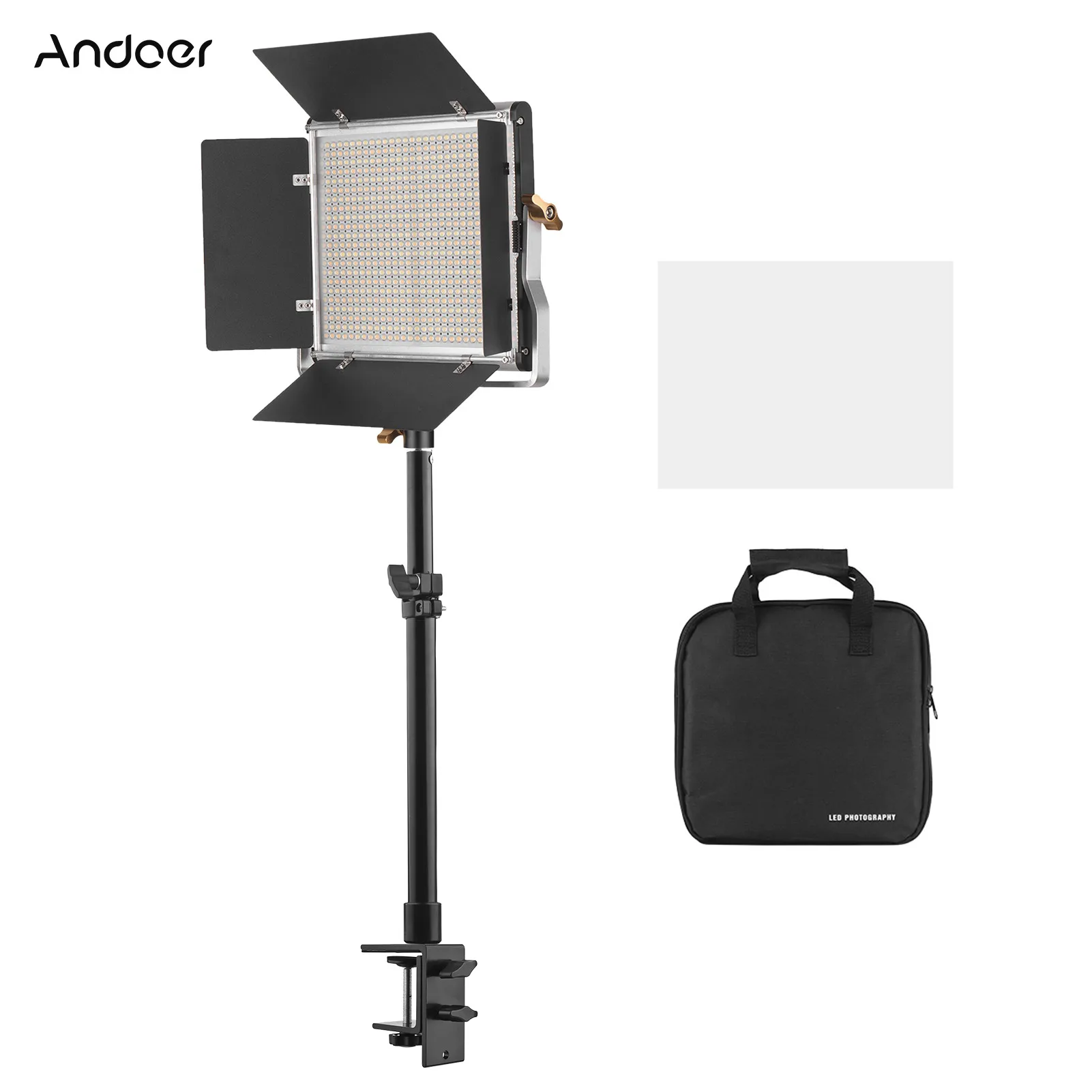 

Светодиодный светильник Andoer 3200K-5600K 480LED s Barndoor + металлическая настольная подставка с регулируемой высотой для прямой трансляции