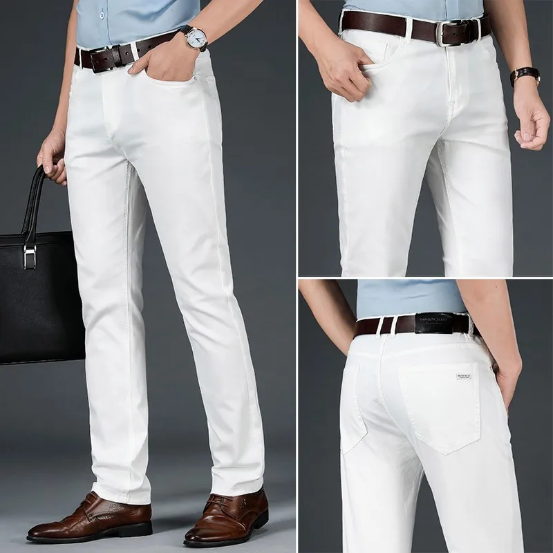2021 All White Jeans Regular Straight Washed Classic Denim Pants Brand Male Casual Trousers Four Seasons Wear