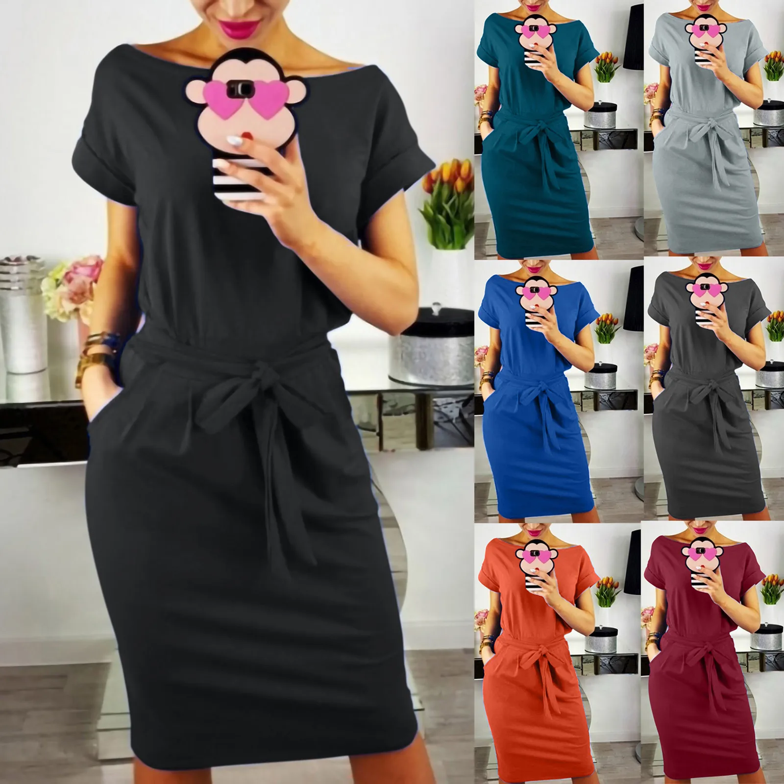 

Women's Elegant Short Sleeve Wear To Work Dresses Women Summer Pockets Large Size Casual Bandage Pencil Dress vestidos robe ete