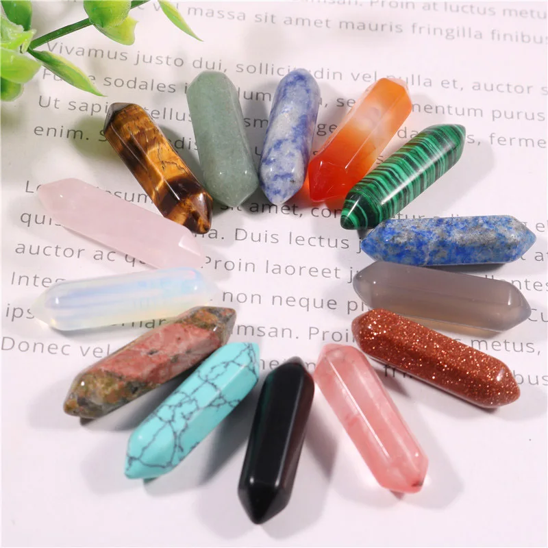 

8*32mm Lots Natural Stone Beads Hexagon Point Pillar Charms Hand Piece Healing Natural Pink Crystal Decoration Wholesale Jewelry
