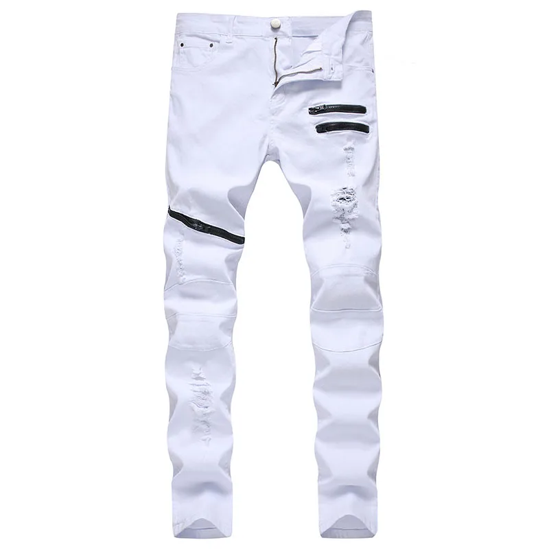 

Men New Zipper Casual Jeans Trendy Ripped Denim Pants High Street Straight Leg Biker Trousers Male Skinny Hole Personality Wear