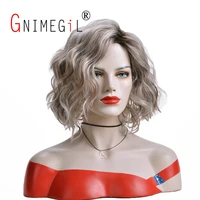 gnimegil short synthetic natural wig curly wavy wigs for white women heat resistant outre melted hairline ombre grey wig cosplay