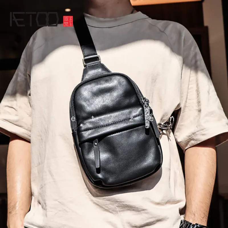AETOO Handmade leather men's chest bag, first layer leather men's messenger bag, outdoor shoulder bag