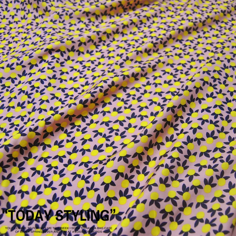 

Silk Cotton Fabric Dress 19 momme Large Wide All Floral Lemon Yellow Leaves clothing Cloth 19 DIY Textile Tissue