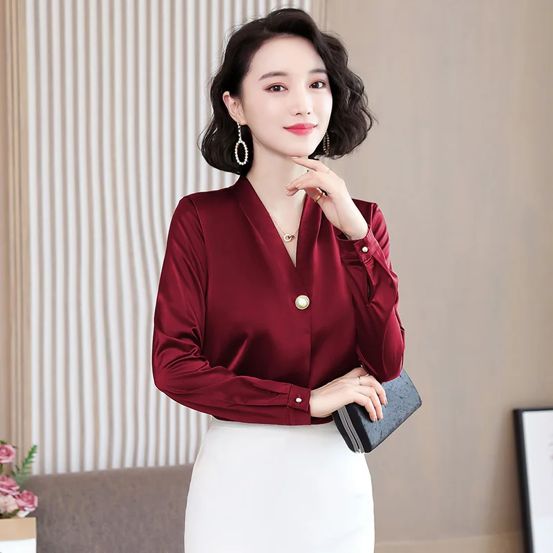 Модные шелковые женские блузки в Корейском стиле атласные розовые рубашки с