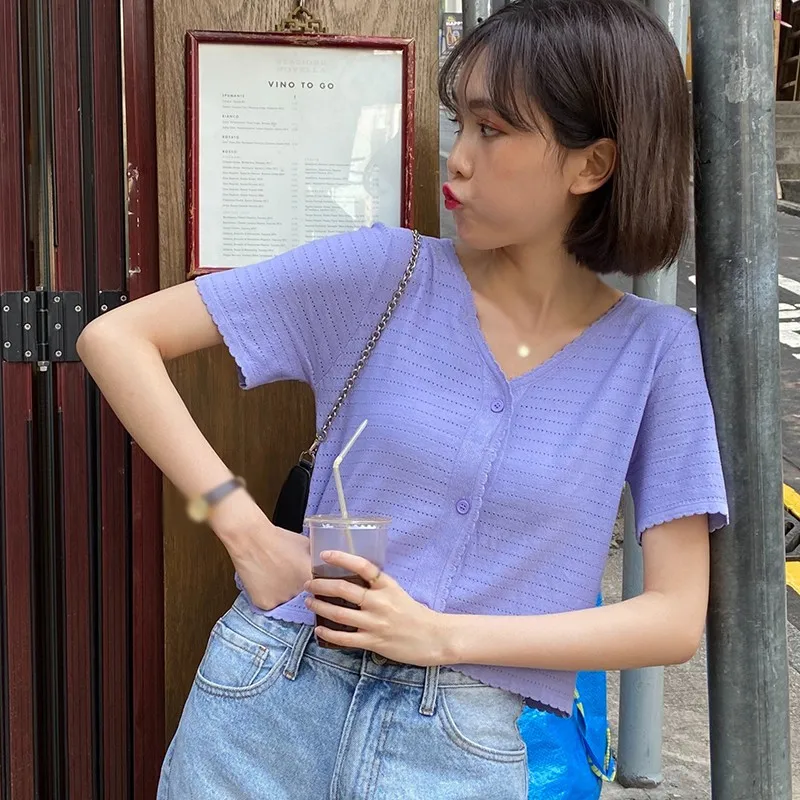 

Women's Hollow Out T-shirt Fashion Casual V-neck Short Sleeves Tee Fashion Casual Solid Top Summer New Thin Knitted Cardigan