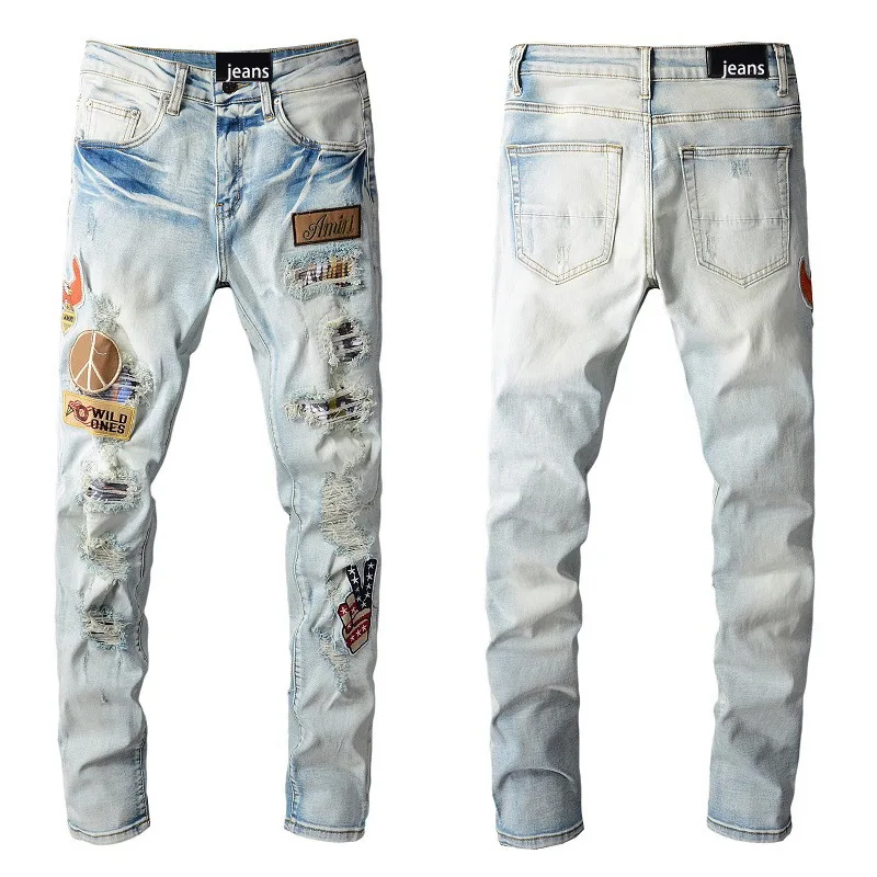 Men's Youth Light Blue Slim High Street Punk Style Jeans Fashion Casual Embroidery Beggar Ripped Scratches Men's Jeans Trousers