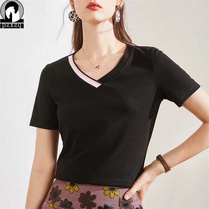 

Высокое качество Весна Женская летняя футболка Colorblock (цветовой блок), футболки с короткими рукавами и v-образной горловиной женский тонкий б...