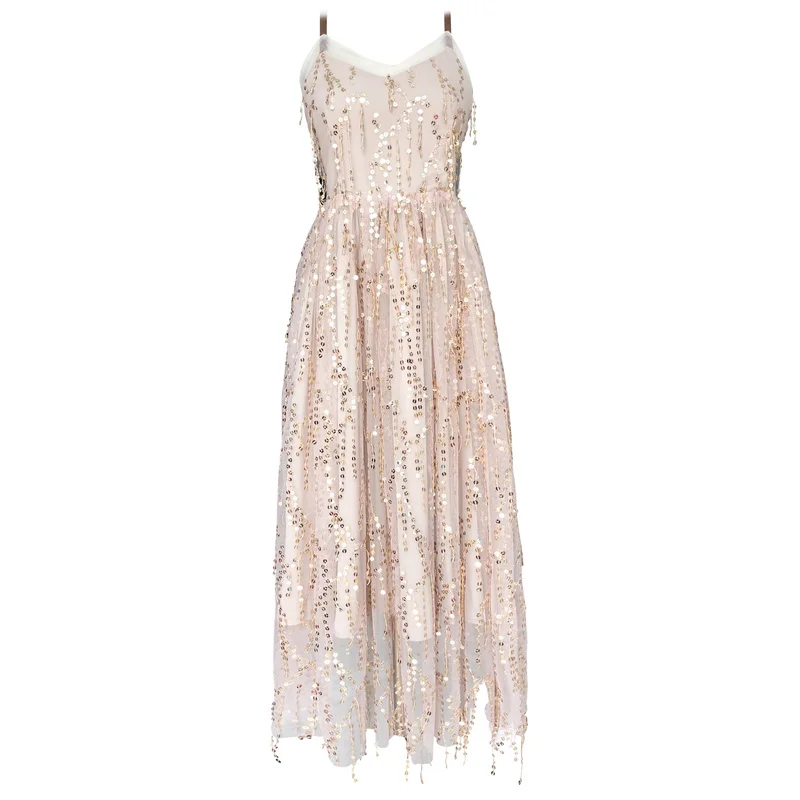 Женское вечернее платье с золотистыми блестками официальное на бретелях