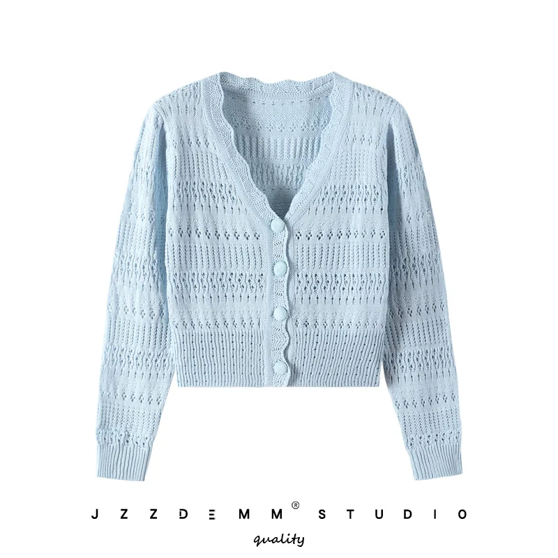 

Hollow Lace Pattern Sweater Cardigan Women's Spring and Autumn New V-neck Long Sleeve Solid Color Sweater High Waist Crop Top