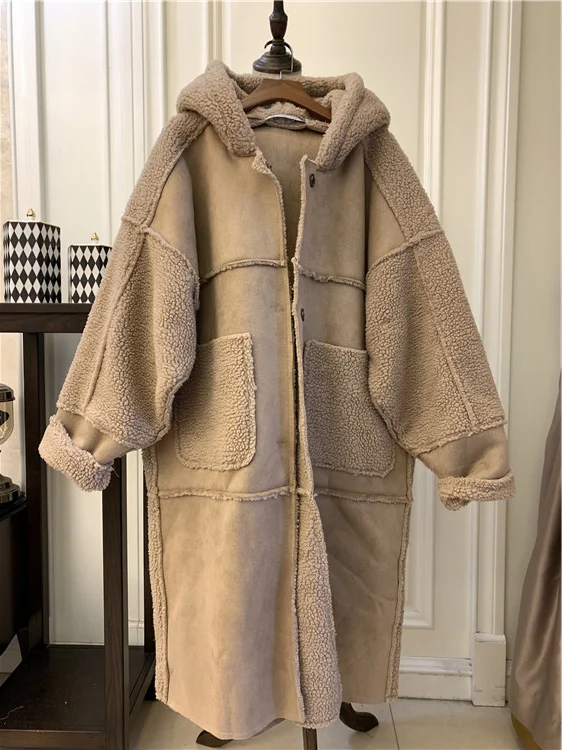 

Suede lamb hair splicing hooded long cotton coat couple coat