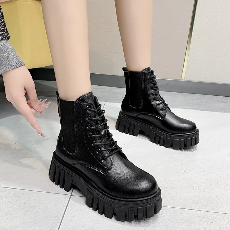 

2021 Autumn Women Ankle Boots Fashion White Black Leather Platform Gothic Shoes Woman Punk Motorcycle High Boots