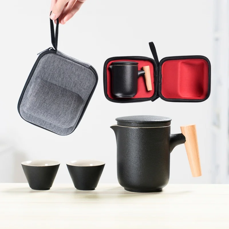 

Black Ceramics Portable Travel Tea Set Outdoor Household Stoneware Convenient Tea Cup Set Teapot Kung Fu Teaware Gifts