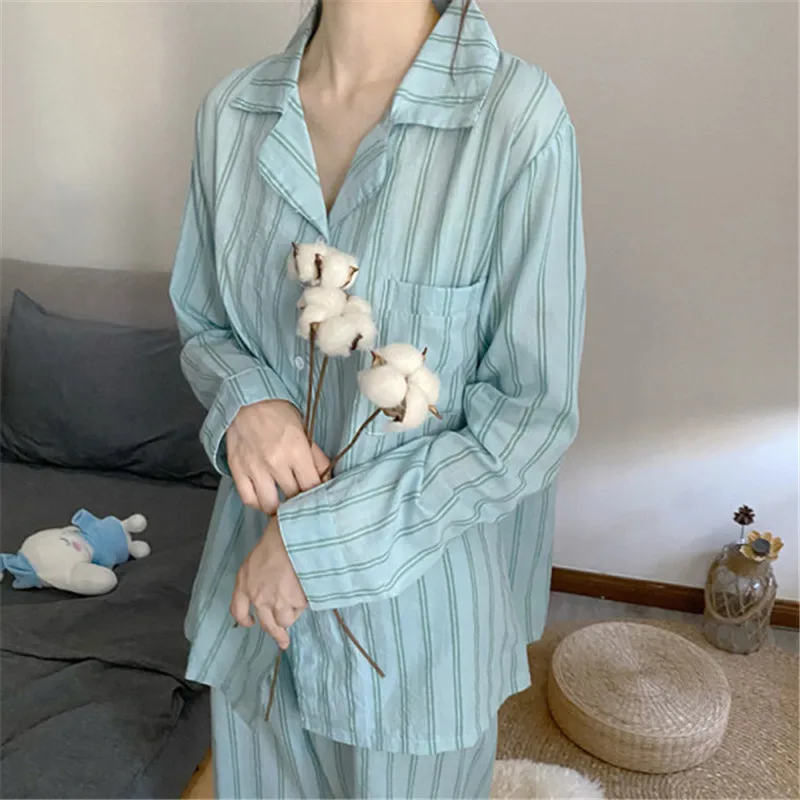 CAIYIER Autumn Winter Women Pajamas Set Korean Striped Print Girls Sleepwear Lingerie Ladies Lounge Sets Kawaii Homewear M-2XL