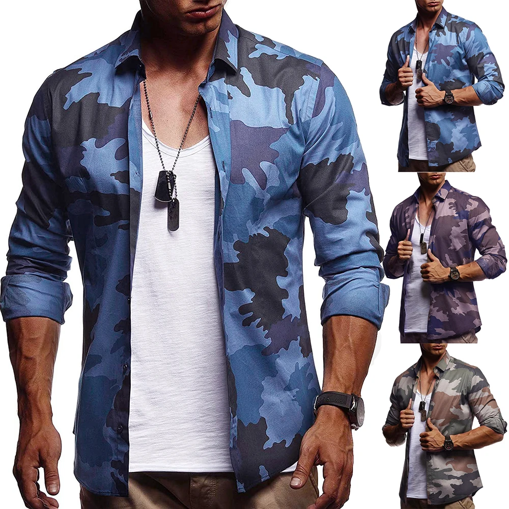 Shirts for Men 2021 New High Quality Men's Lapel Camouflage Single-breasted Slim Men's Long Sleeve Shirts