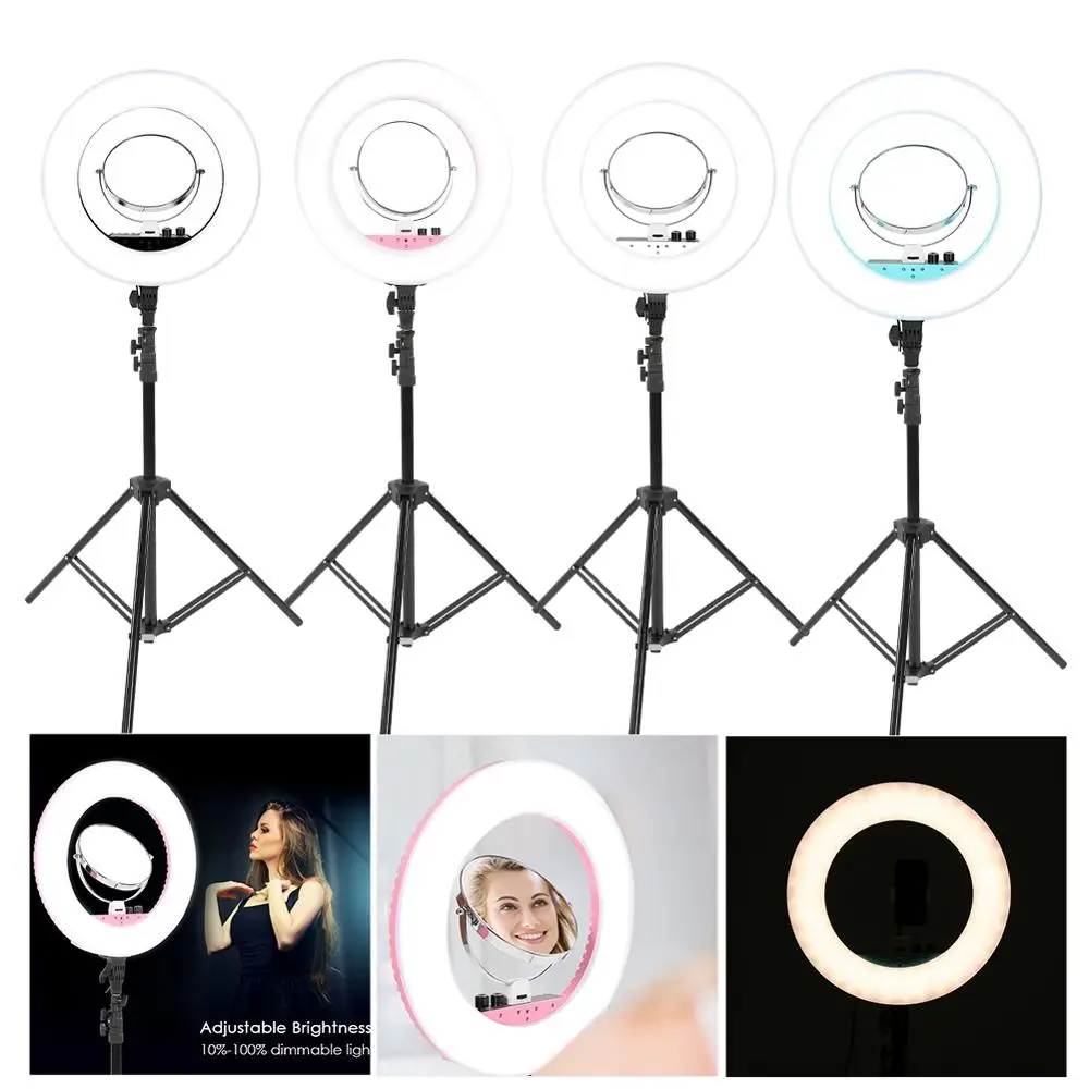 

Регулируемый светодиодный кольцевой светильник со штативом, студийная лампа с приглушением яркости, для нанесения макияжа и селфи, заполня...