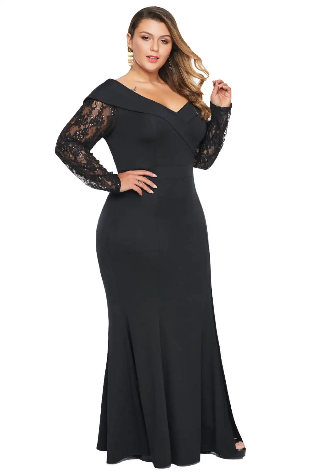 Adogirl XL-5XL с бисером и кружевными рукавами, с открытыми плечами, плюс размер, вечернее платье, элегантное женское платье с v-образным вырезом, с высоким разрезом, облегающее длинное вечернее платье
