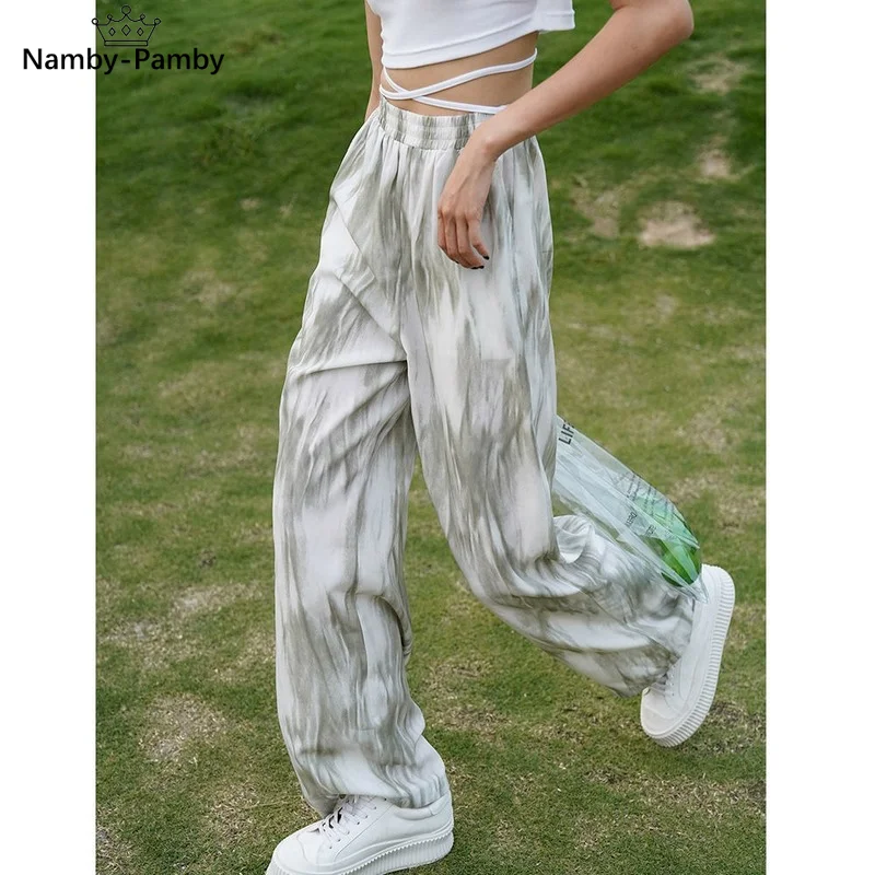 

Green Tie Dye Wide Leg Pants Women Harajuku 2021 Summer High Waisted Loose Trousers for Female Lady Office Oversized
