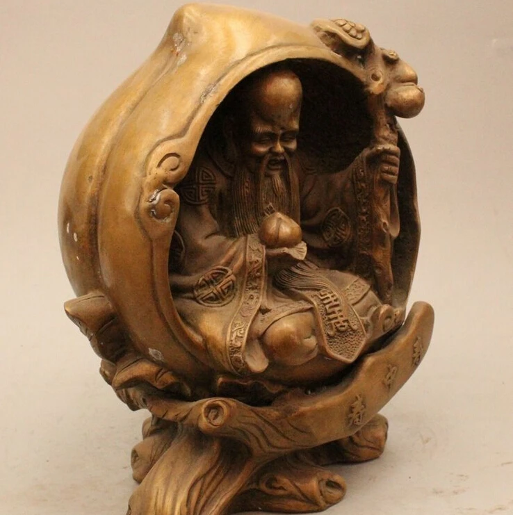 Статуя богатства 13 дюймов Китайская народная бронзовая персиковый журавль