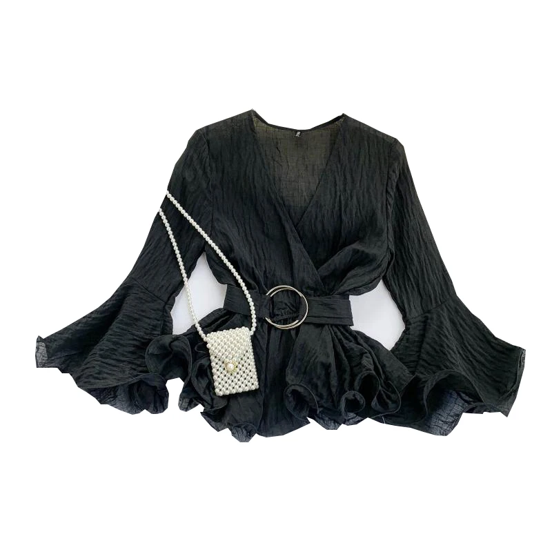 

2021 блузки с открытой спиной, женские рубашки, модная однотонная блузка с глубоким V-образным вырезом, офисные женские топы свободного кроя, ...