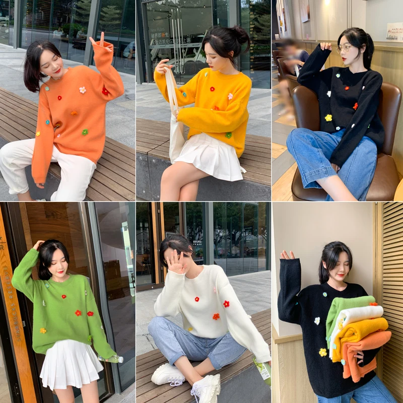 2020 autumn knitting pullovers college girls winter warm soft sweet candy colors sweater for women flower patched long sleeves | Женская