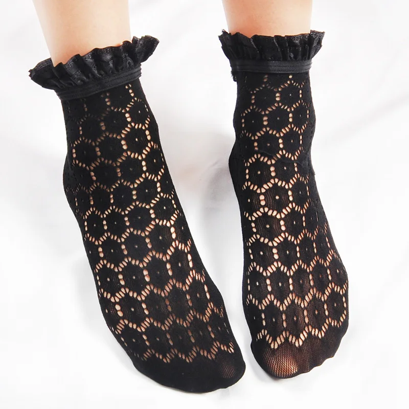 Модные сетчатые носки с цветами женские прозрачные тонкие короткие белые