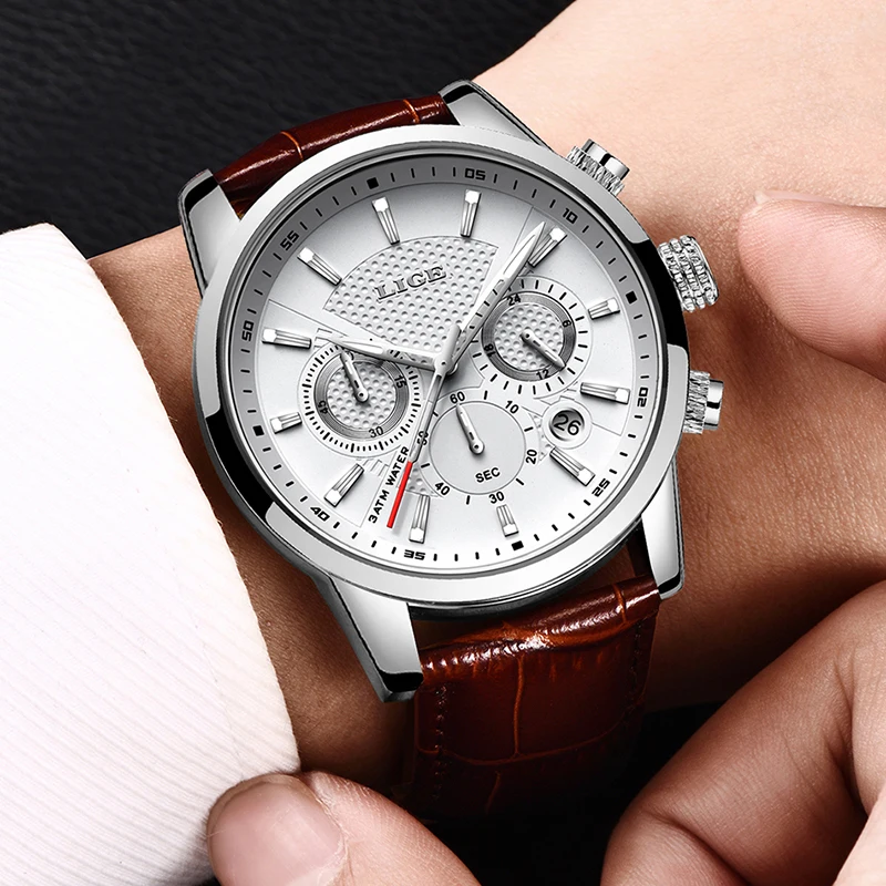 

Relogio Masculino LIGE Mens Watches Top Brand Blue Leather Chronograph Waterproof Sport Automatic Date Quartz Watch For Men+Box