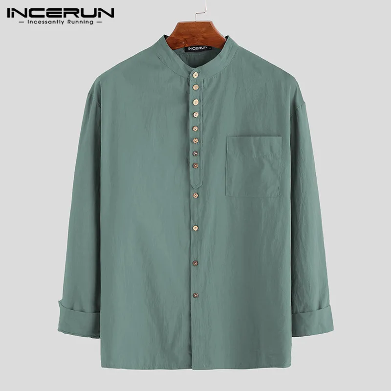 

INCERUN Cotton Vintage Shirts Men Long Sleeve Button Casual Solid Color Stand Collar Pockets Camisa Streetwear Brand Shirts Men