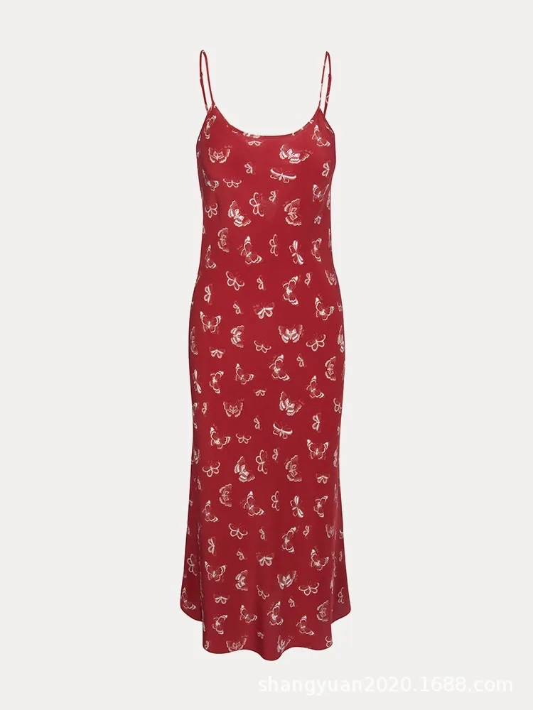 

2020 New Silk Diagonal Cut Dress Butterfly Print Series Long Dress