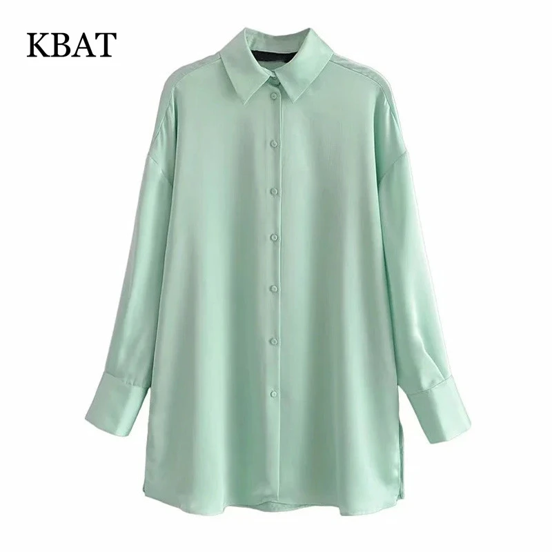 

KBAT Green Satin Blouse Wome 2021 Spring Long Sleeve Shirts Buttons Blusas Top Women Office Elegant Summer Woman Blouses