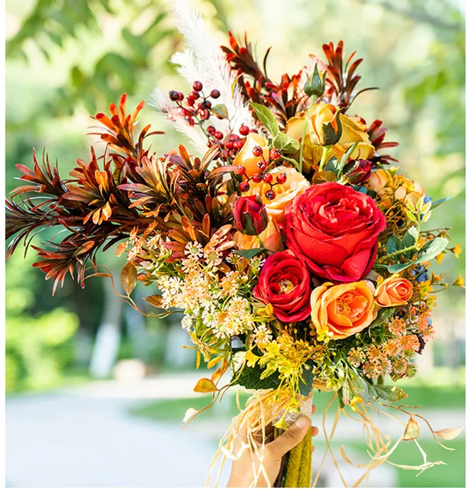 JaneVini винтажный Свадебный букет цветов ручной работы с украшением из красных