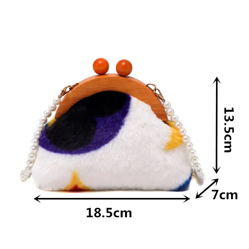 

Winter Warm Contrast Plush Messenger Bags for Women 2021 Pearl Chain Crossbody Bag Ladies Small Wooden Handle Shoulder Handbag