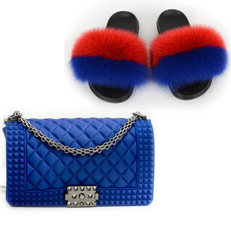 

Women's Raccoon Fur Slides Ladies Colorful Jelly Diagonal Shoulder Bag Shoes Sets Female Real Fox Fur Slippers Crossbody Purse