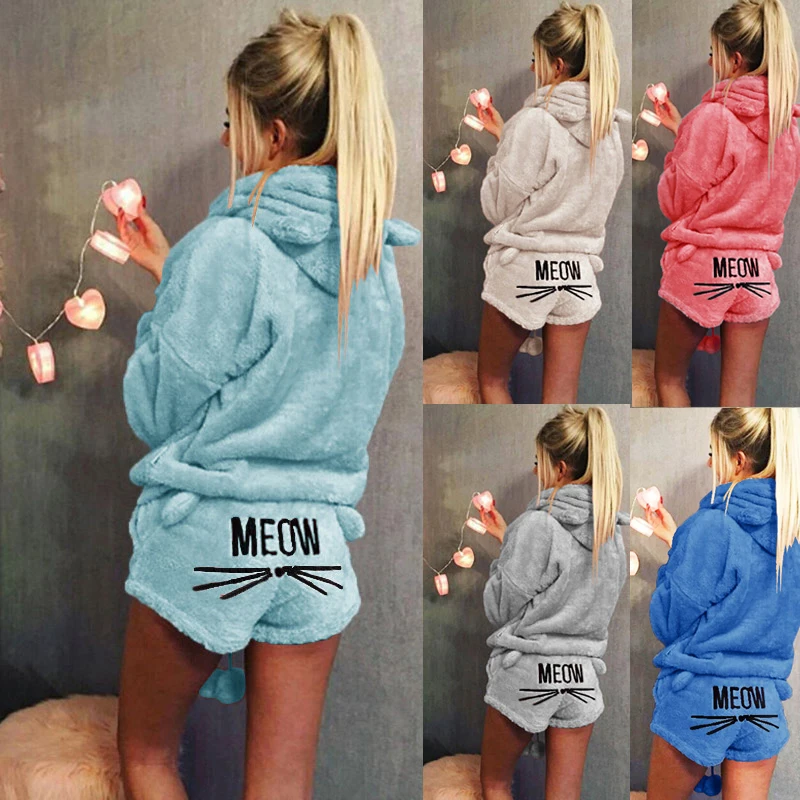 Модный женский зимний теплый Пижамный костюм Женская плюшевая толстовка топы с