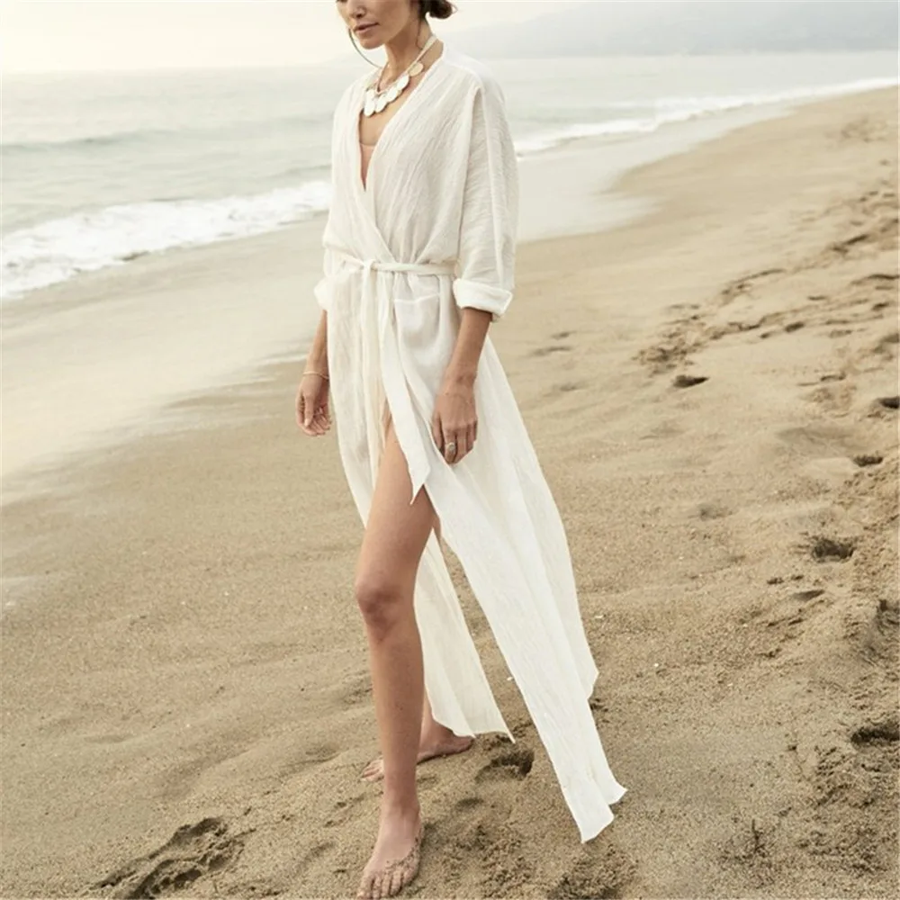 Pareo Bikini Cover Up White Beach Swimsuit Bathing Suit Robe De Plage Tunic Beachwear Swimwear Sexy Belt Dress Kaftan | Женская одежда