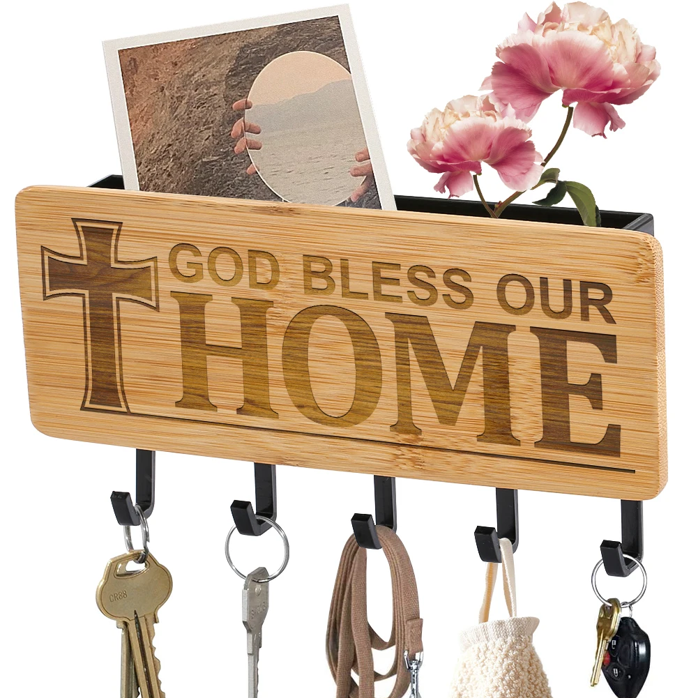 

Household Products Special Text God Bless Our Home Heart Carving Wooden Wall Hook Fashion Decorative Frame Sundries Storage Box