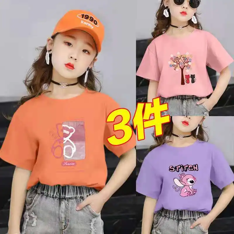 

Fanan girls short-sleeved t-shirt 2021 summer big children's loose children's skin-relieving casual round neck top trend
