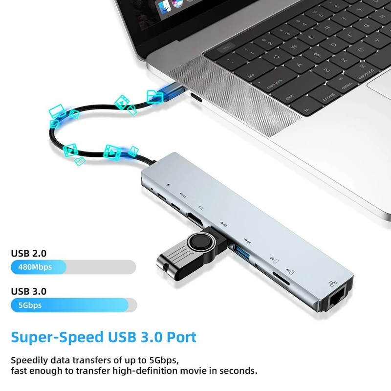 

USB C HUB Type-C Docking Station 8-In-1 HDMI-Compatible+RJ45+PD+USB3.0+TF Card Reader for Huawei P40 Pro Laptop