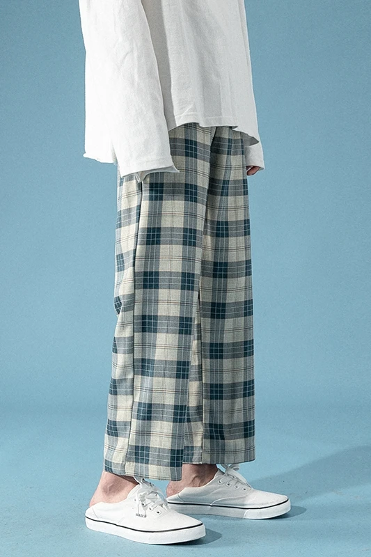 

Men's Summer Straight Plaid Casual Pants Ins Hong Kong Style Trendy Loose Cropped Pants