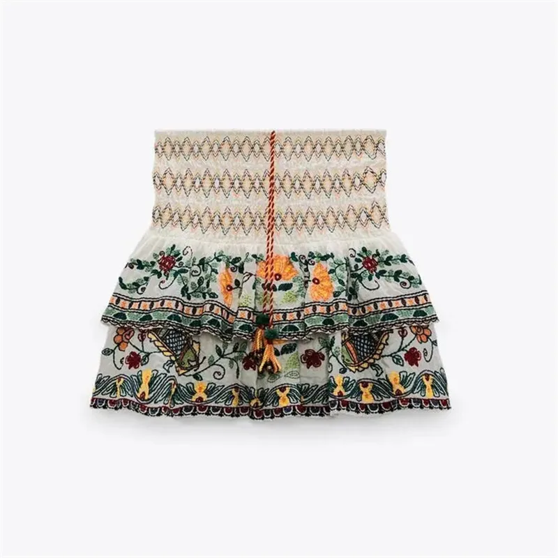 

ZA 2021 autumn new women's clothing fashion all-match casual ethnic style elastic high waist embroidered laminated skirt