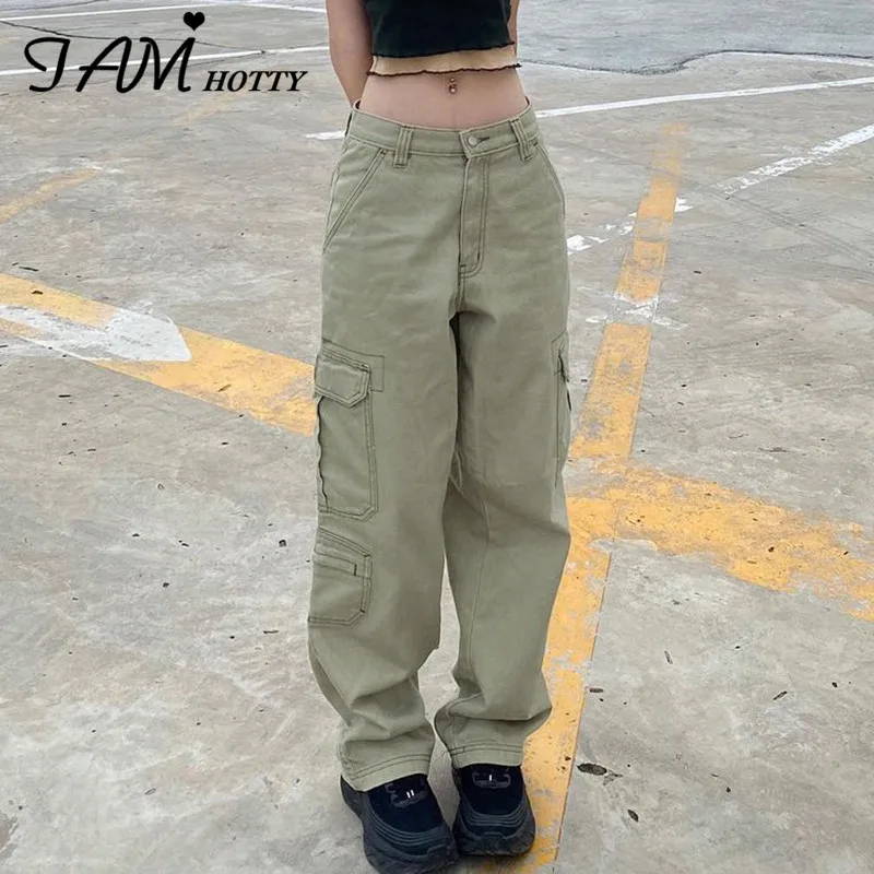 

IAMHOTTY Light Green Multi Pockets Cargo Pants Women Y2K Low Waist Jeans Wide Leg Loose Casual Streetwear Denim Trousers Joggers