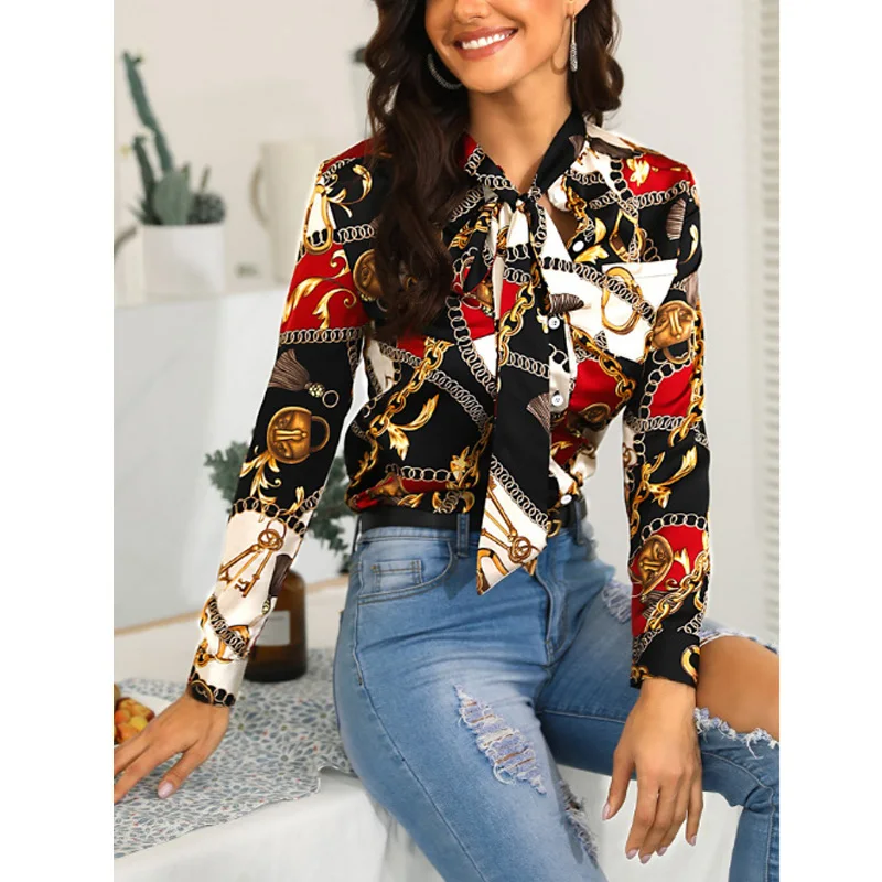 Женская Повседневная рубашка с завязками на шее и цепочкой Офисная уличная